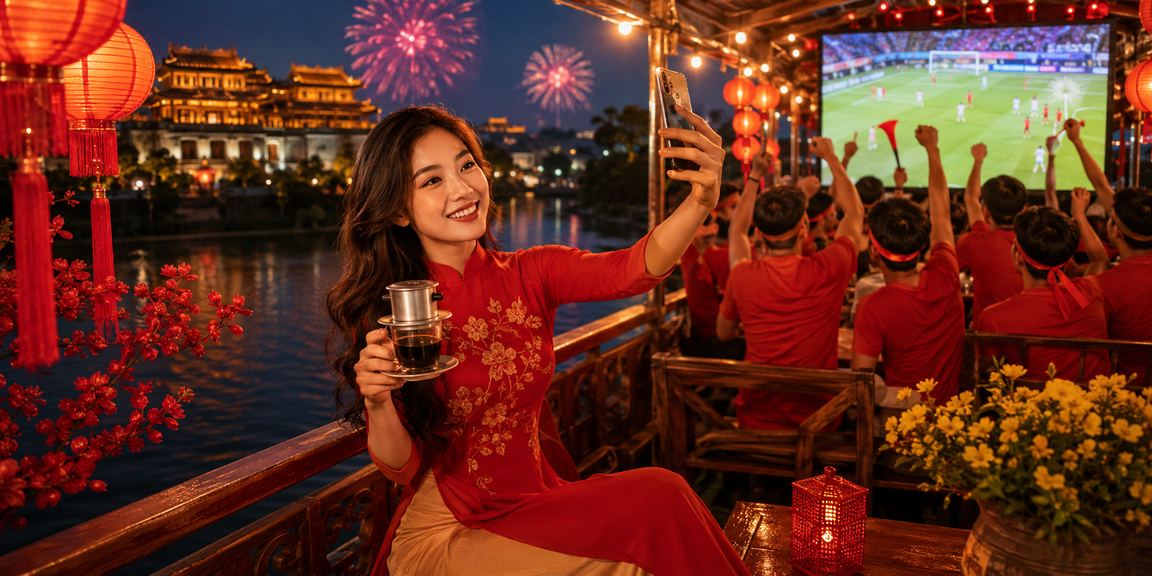 Người dùng tại Huế ngồi quán cà phê kiểm tra tiền thưởng hoàn tiền sau khi nạp tiền cá cược